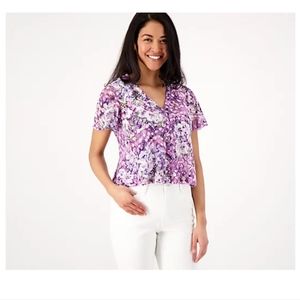 QVC Susan Graver Printed Pointelle Knit Button Front Cropped Shrug Lilac 3XL